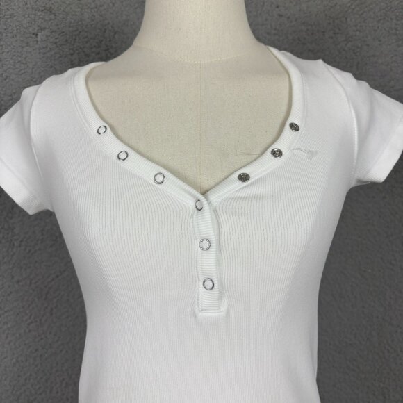 Planet Heart White Ribbed Short Sleeve Henley Top Small 3/4 Button Up NWOT's. - Picture 2 of 7